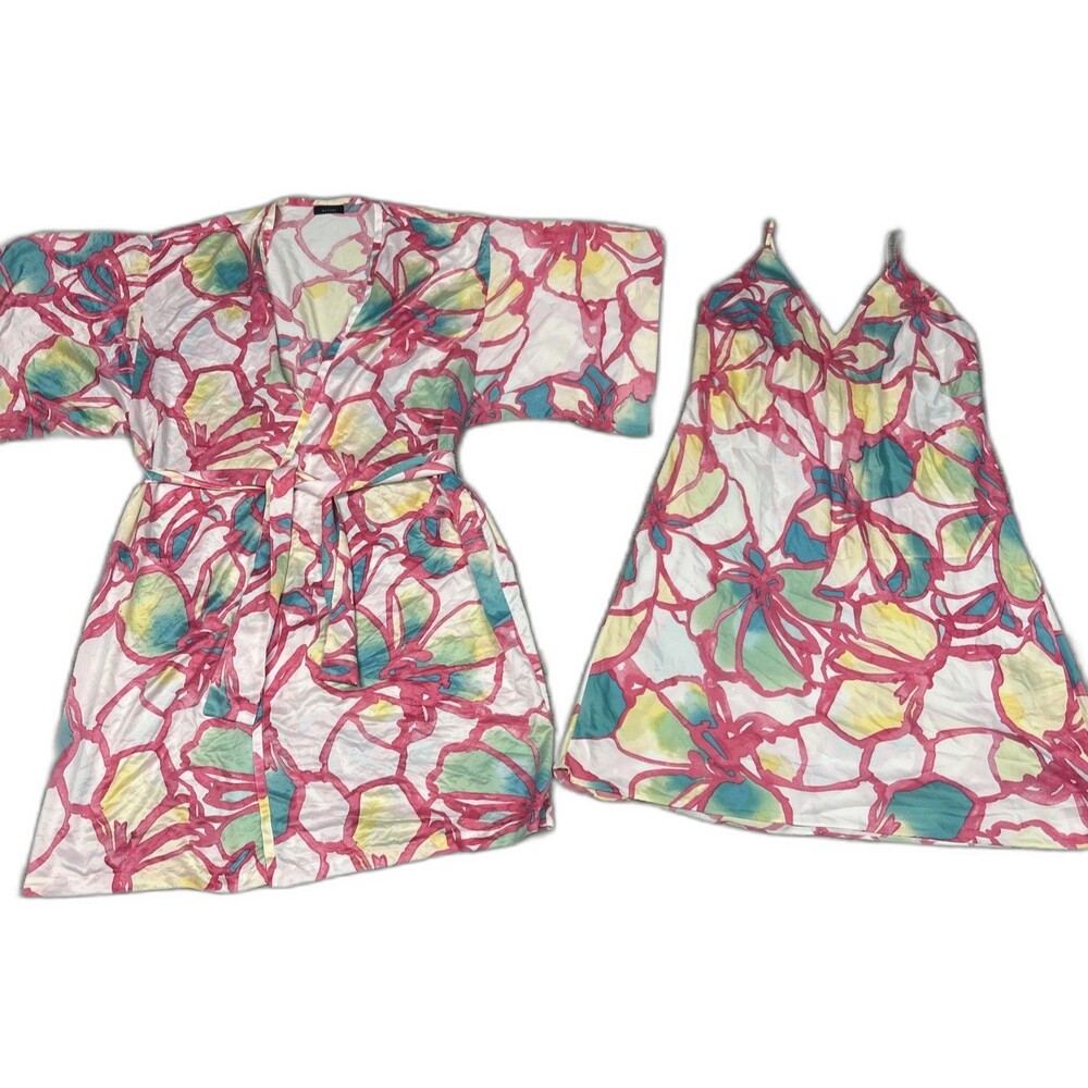 Natori Nightgown Slip Dress Robe Womens XL 1X White Pink Turquoise Silky Floral